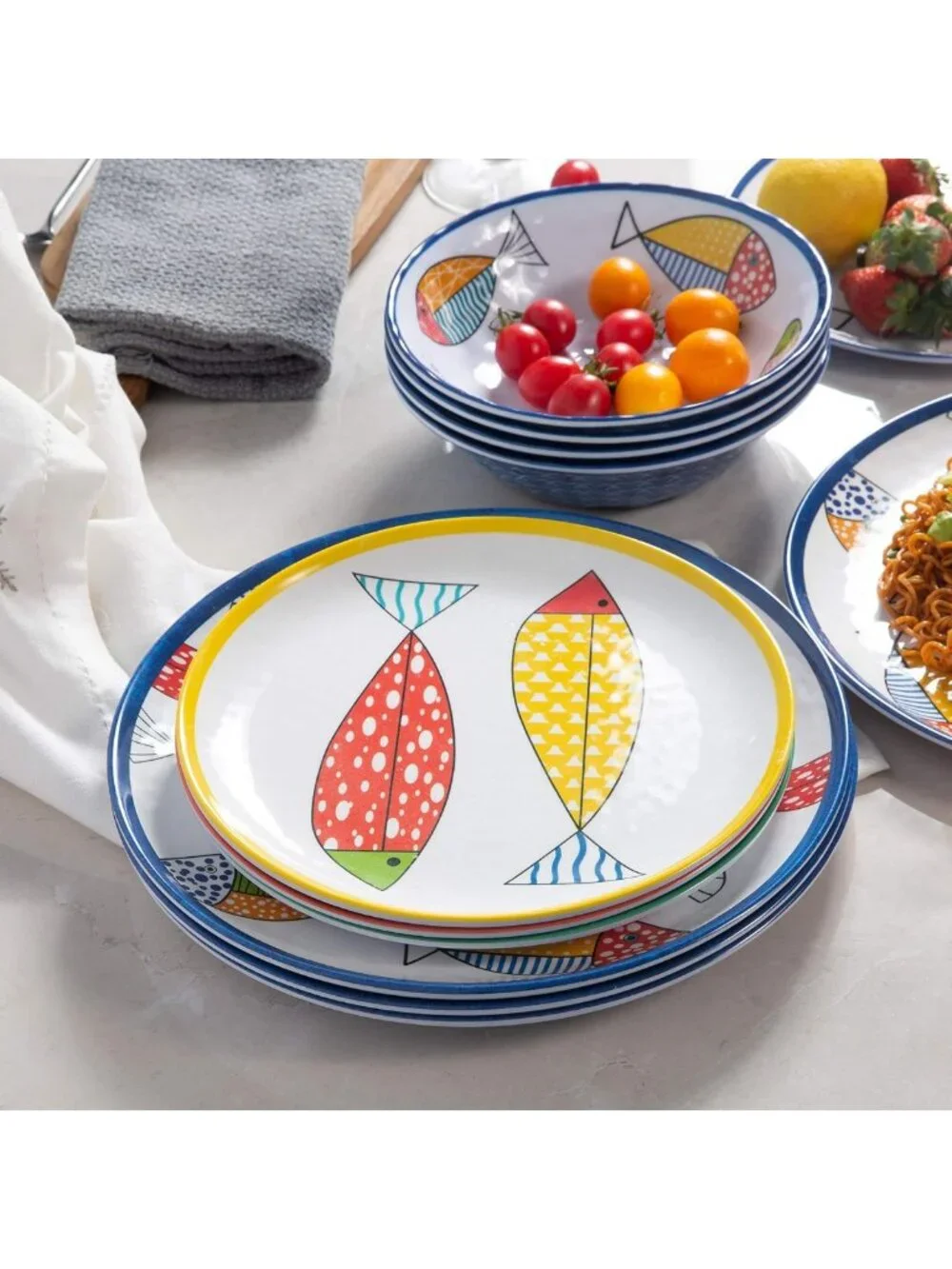 Stylish 12PCS Melamine Dinnerware Set for 4 - Fish Plates & Bowls, Durable